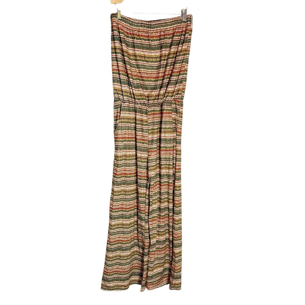 Exist Green Rust Boho Striped Print Strapless Tube Bandeau Jumpsuit Large
